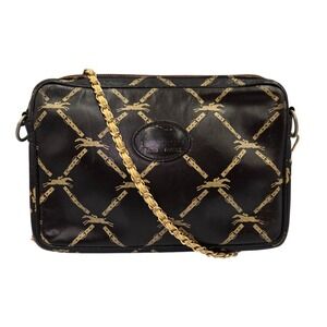 Longchamp Paris France Leather Crossbody Bag Monogram Chain Strap Dark Brown‎